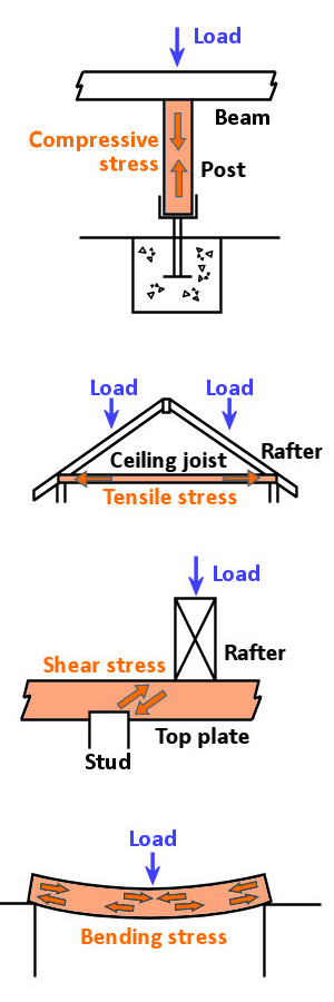 Examples of the four basic types of stresses found in building structures